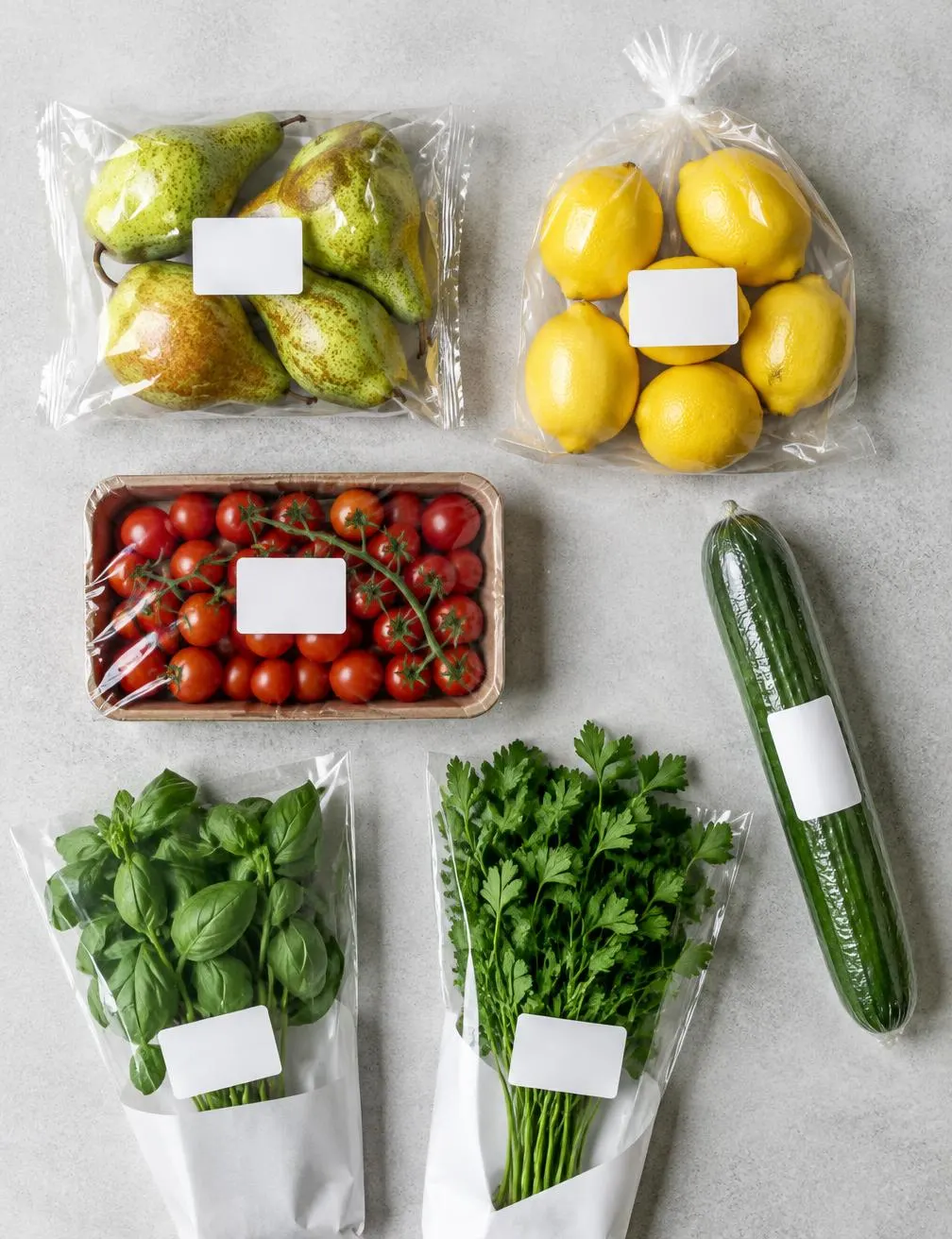 Sortiment verpackter Frischeprodukte: Birnen, Zitronen, Cherrytomaten in Schale, Gurke und Kräuter