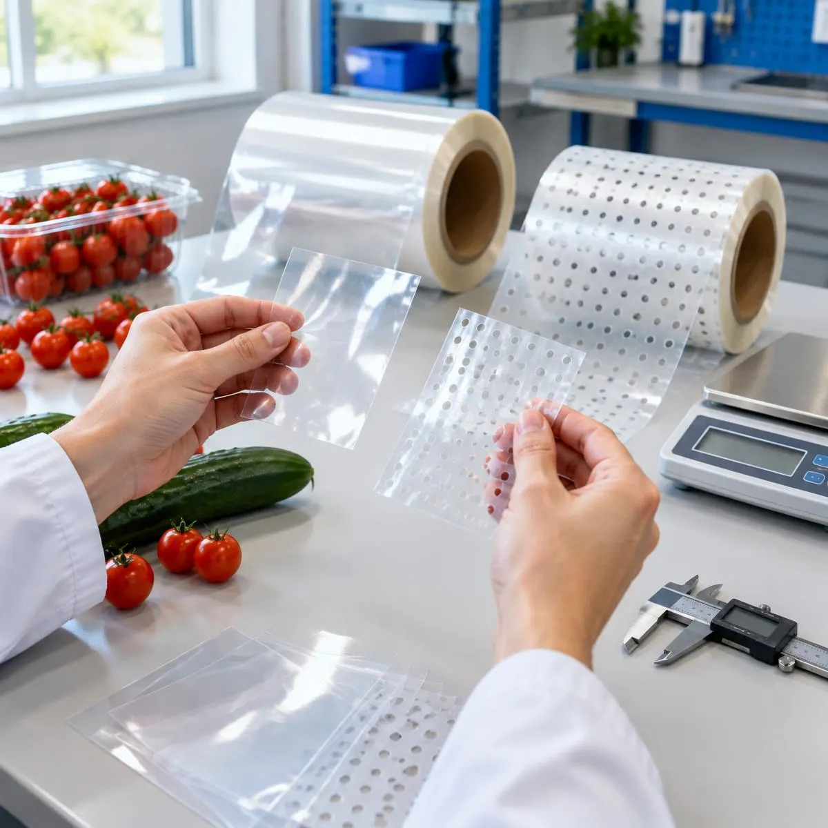 Vergleich von glatter und perforierter Folie neben Cherrytomaten, Gurke, Waage und Messschieber