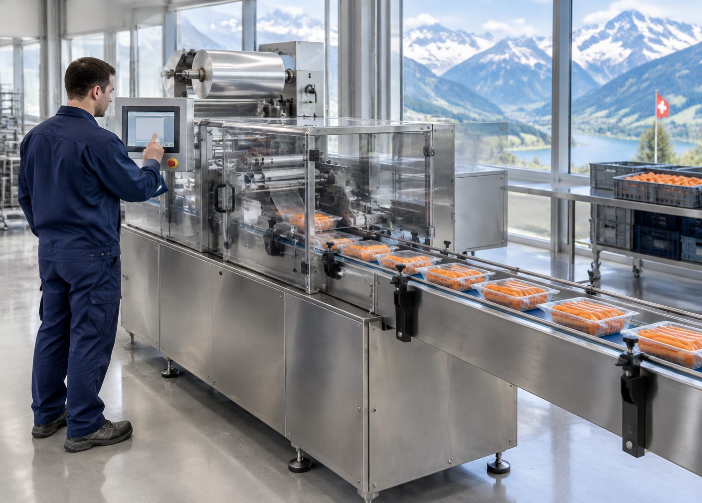 Servicetechniker stellt eine Flowpack-Maschine ein, auf dem Band Rüebli-Schalen in transparenter Folie