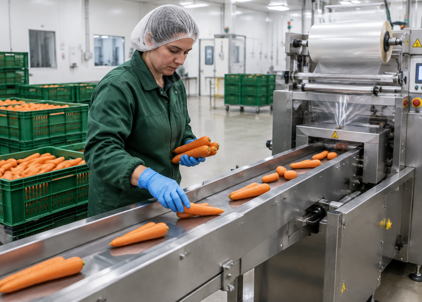 Bedienerin legt Rüebli auf das Einlaufband der Verpackungsmaschine